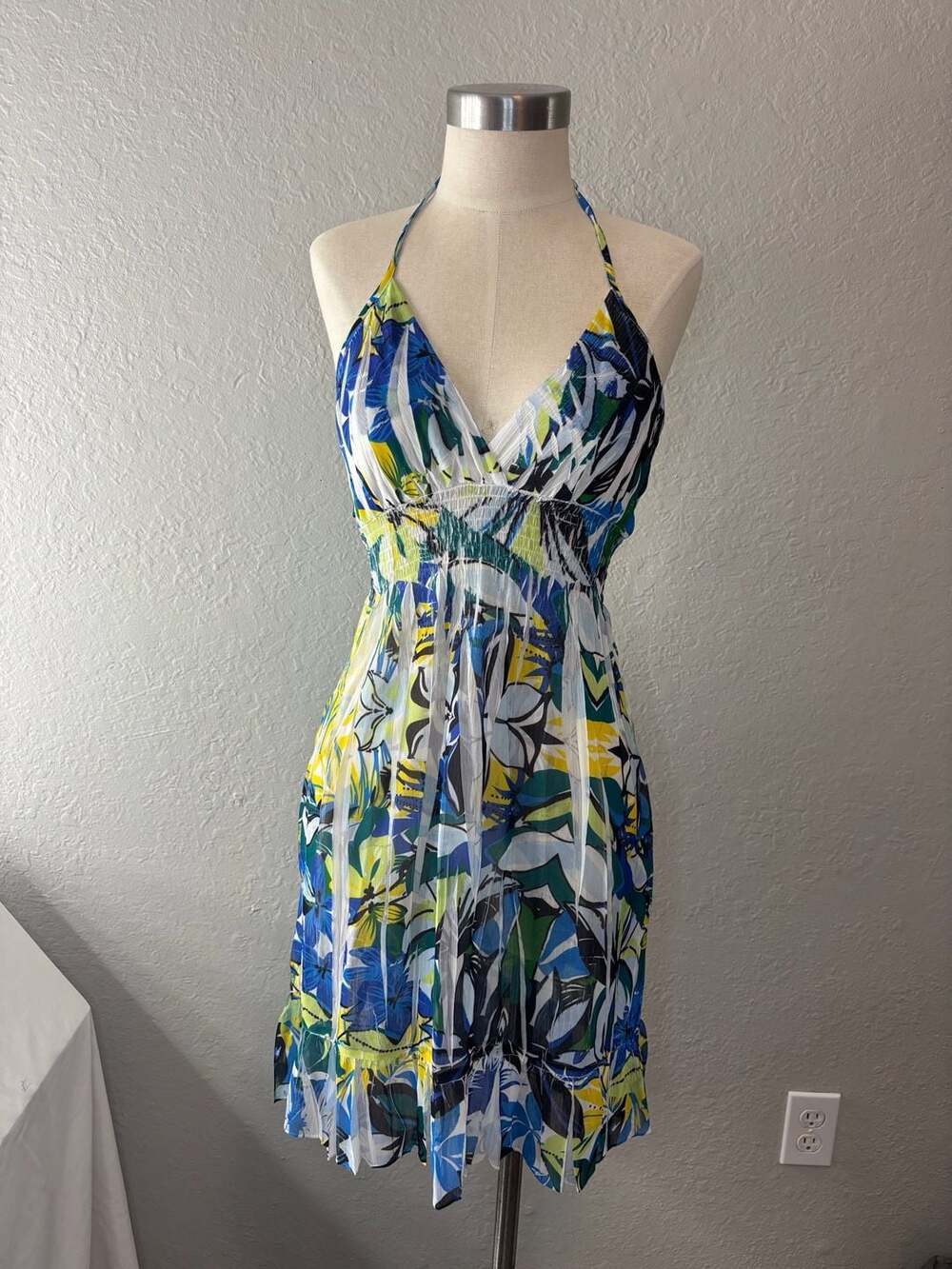Vintage Floral Halter Dress Blue Green Yellow Smocked Waist